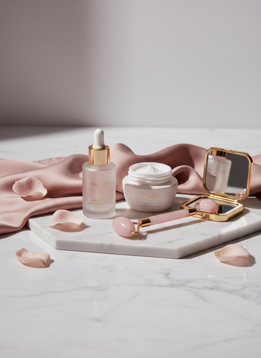 Produtos de beleza coreanos dispostos em prateleira